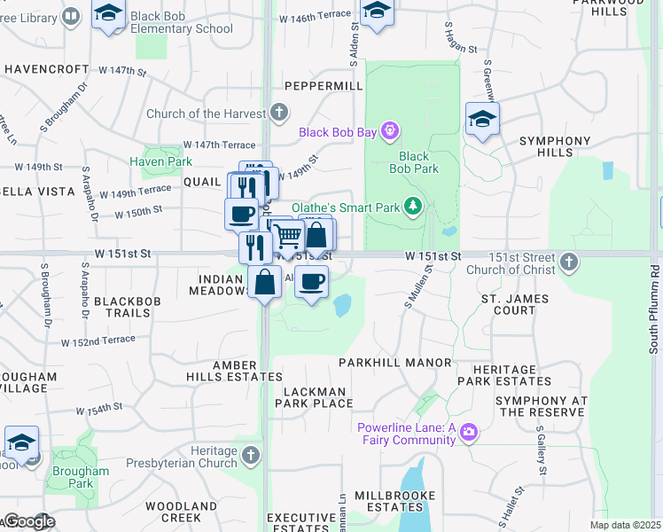 map of restaurants, bars, coffee shops, grocery stores, and more near 14855 West 151st Street in Olathe
