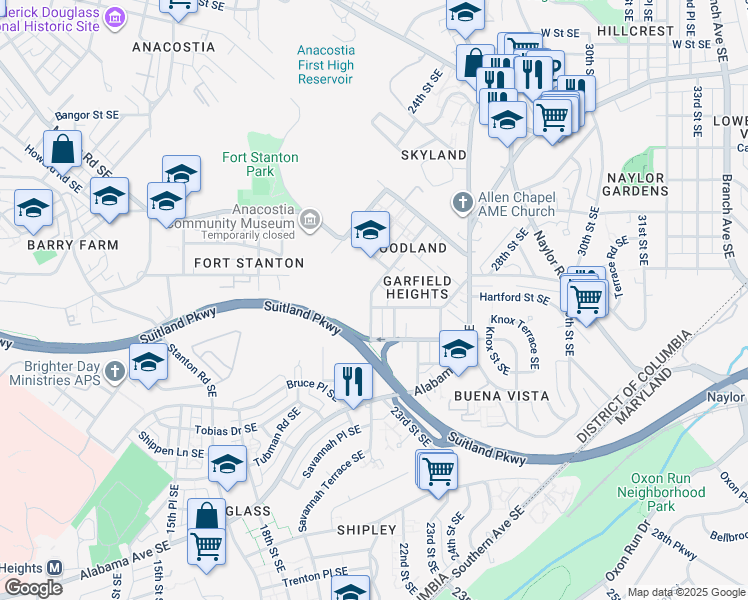 map of restaurants, bars, coffee shops, grocery stores, and more near Hartford Street Southeast in Washington