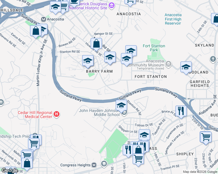 map of restaurants, bars, coffee shops, grocery stores, and more near 2402 Elvans Road Southeast in Washington