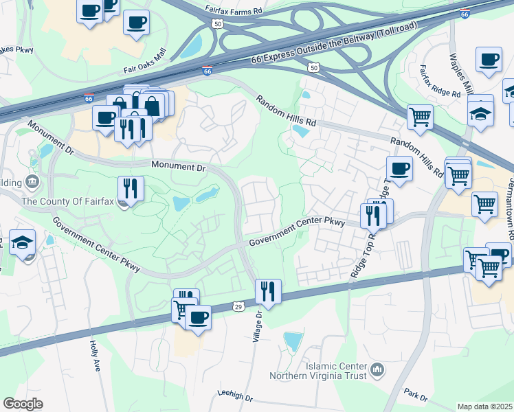 map of restaurants, bars, coffee shops, grocery stores, and more near 11617 Park Vista Boulevard in Fairfax
