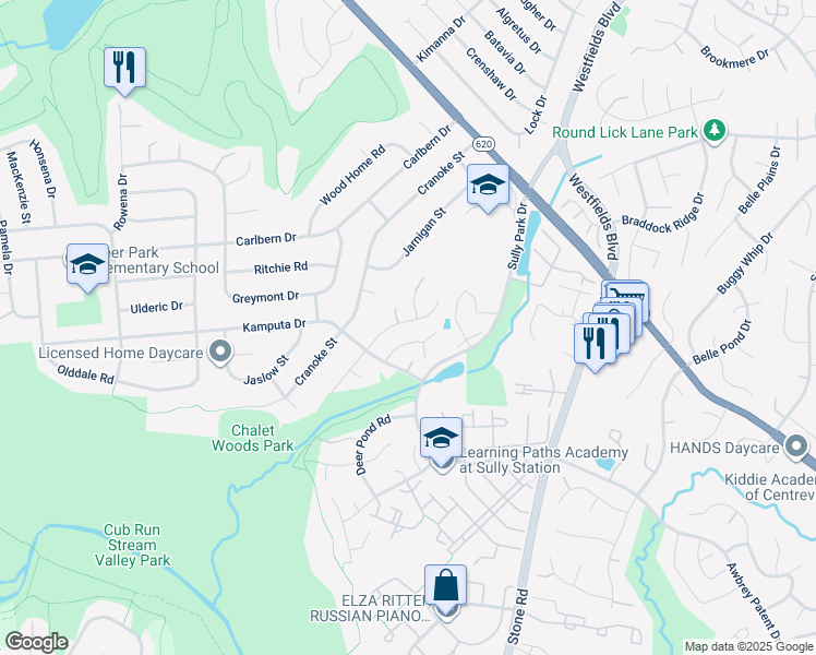 map of restaurants, bars, coffee shops, grocery stores, and more near 5625 Flagler Drive in Centreville