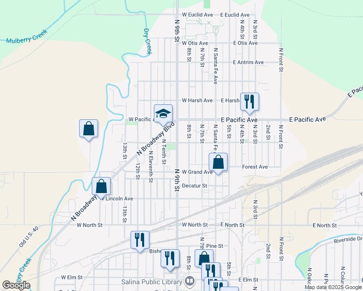 map of restaurants, bars, coffee shops, grocery stores, and more near 740 North 9th Street in Salina