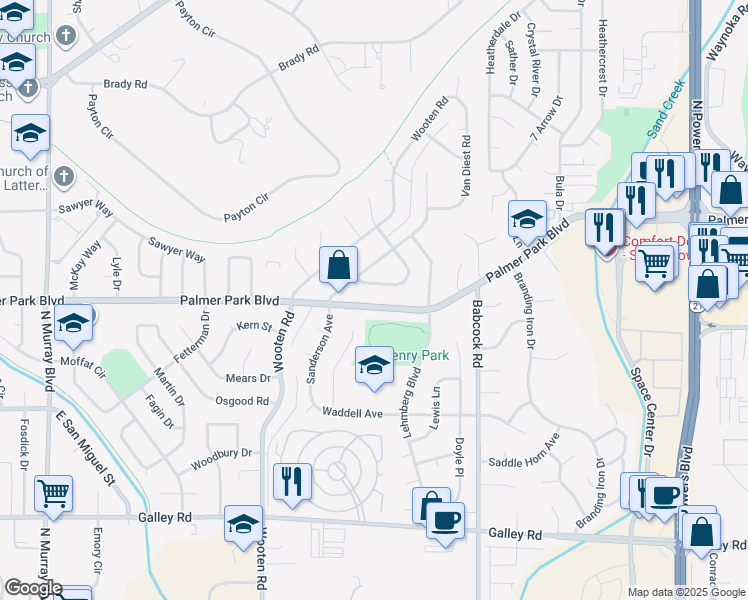 map of restaurants, bars, coffee shops, grocery stores, and more near 5018 Palmer Park Boulevard in Colorado Springs