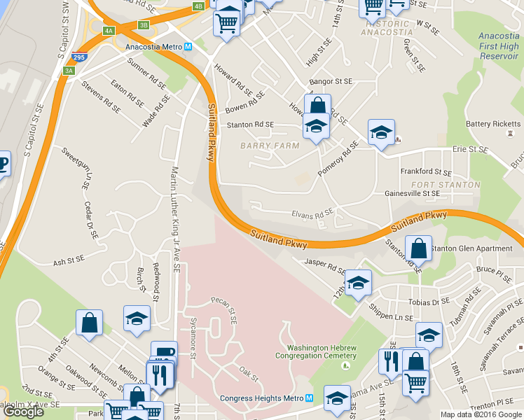 map of restaurants, bars, coffee shops, grocery stores, and more near 2549 Elvans Road Southeast in Washington