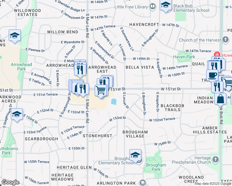map of restaurants, bars, coffee shops, grocery stores, and more near 16551 151st Street in Olathe