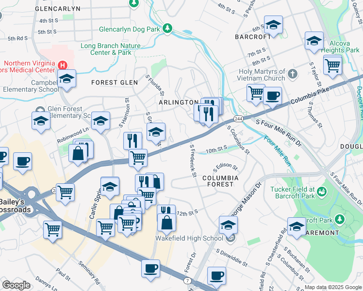 map of restaurants, bars, coffee shops, grocery stores, and more near 5300 Columbia Pike in Arlington
