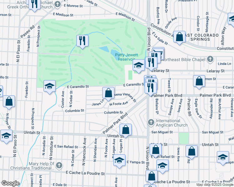 map of restaurants, bars, coffee shops, grocery stores, and more near 1412 East Buena Ventura Street in Colorado Springs