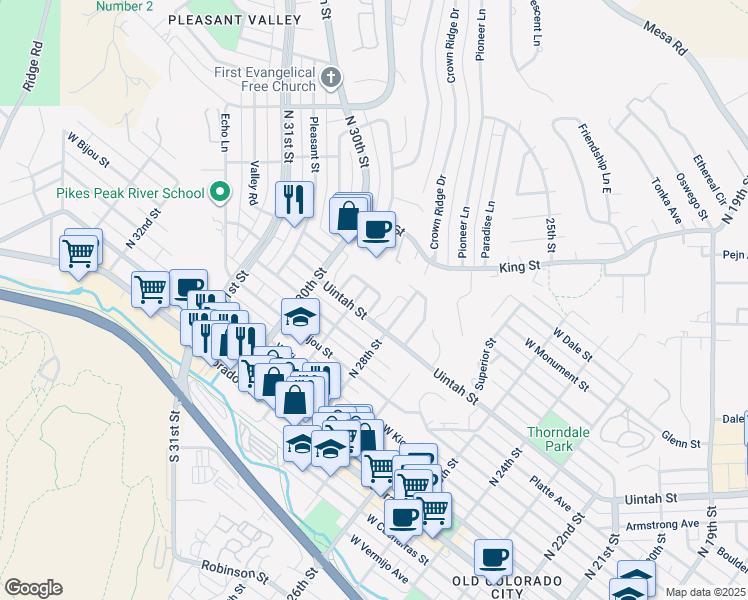 map of restaurants, bars, coffee shops, grocery stores, and more near 445 Glen View Court in Colorado Springs
