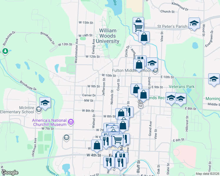 map of restaurants, bars, coffee shops, grocery stores, and more near 100-198 W 9th St in Fulton