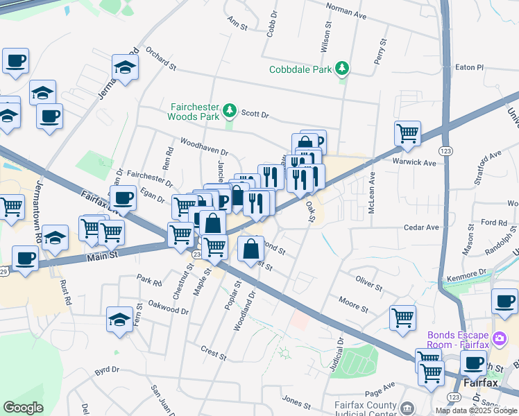 map of restaurants, bars, coffee shops, grocery stores, and more near 10860 Fairfax Boulevard in Fairfax