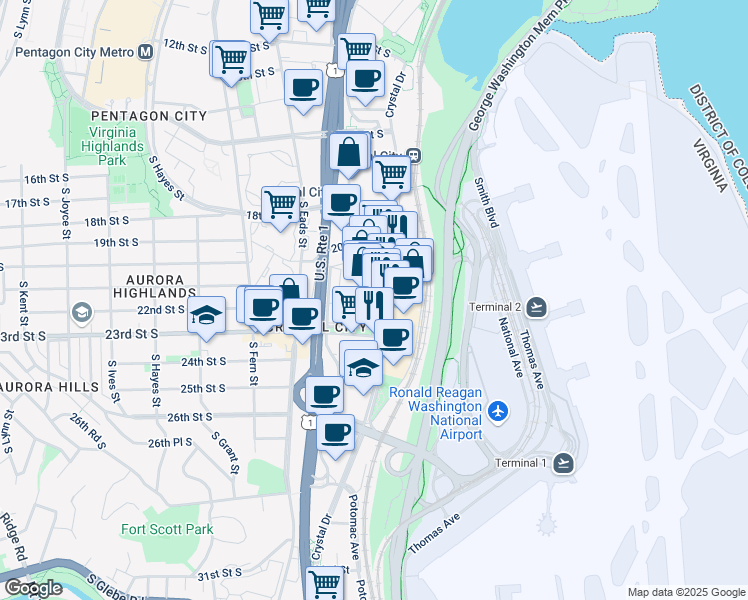 map of restaurants, bars, coffee shops, grocery stores, and more near 2200 Crystal Drive in Arlington