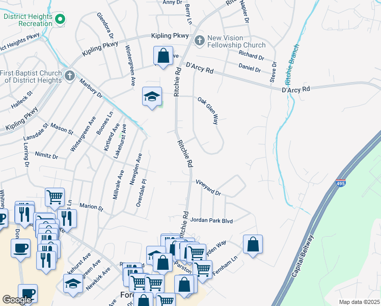 map of restaurants, bars, coffee shops, grocery stores, and more near 2514 Ritchie Rd in District Heights
