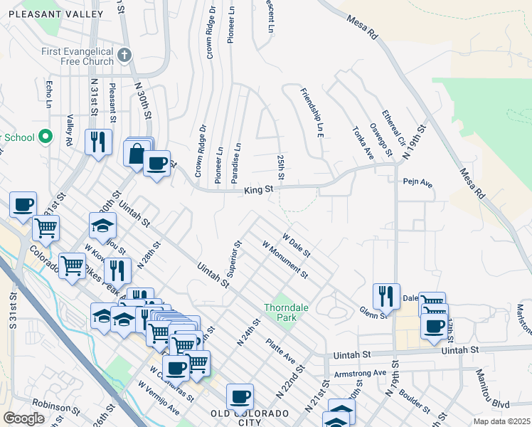 map of restaurants, bars, coffee shops, grocery stores, and more near 2530 West Dale Street in Colorado Springs