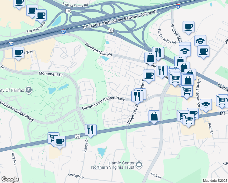 map of restaurants, bars, coffee shops, grocery stores, and more near 4136 Fairfax Center Creek Drive in Fairfax