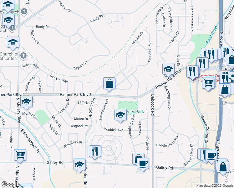 map of restaurants, bars, coffee shops, grocery stores, and more near 5018 Palmer Park Boulevard in Colorado Springs