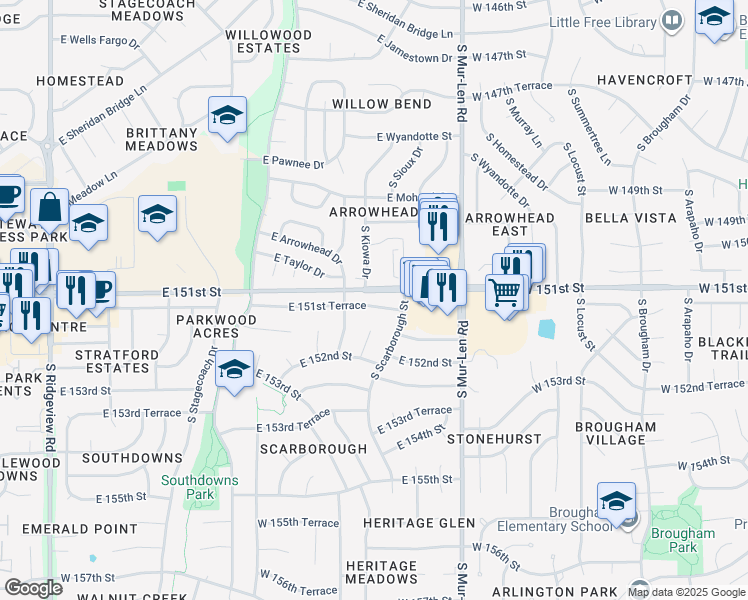 map of restaurants, bars, coffee shops, grocery stores, and more near 2016 East 151st Terrace in Olathe