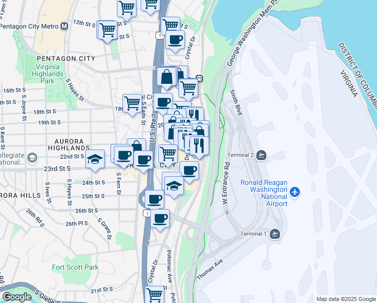 map of restaurants, bars, coffee shops, grocery stores, and more near 2171 Crystal Drive in Arlington