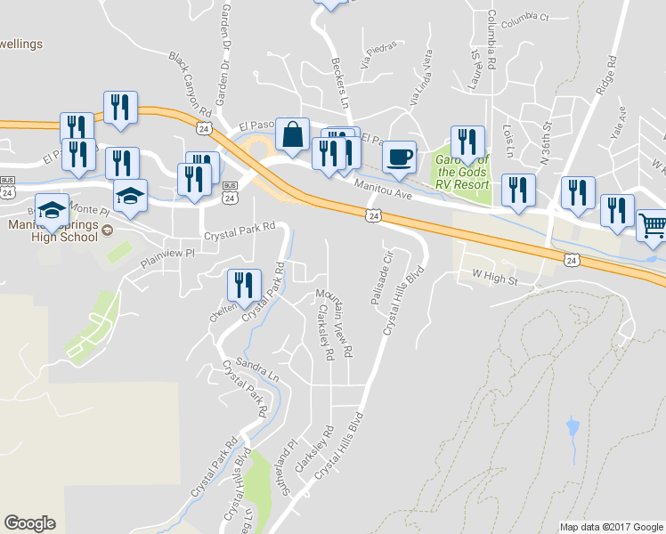 map of restaurants, bars, coffee shops, grocery stores, and more near 141 Clarksley Road in Manitou Springs