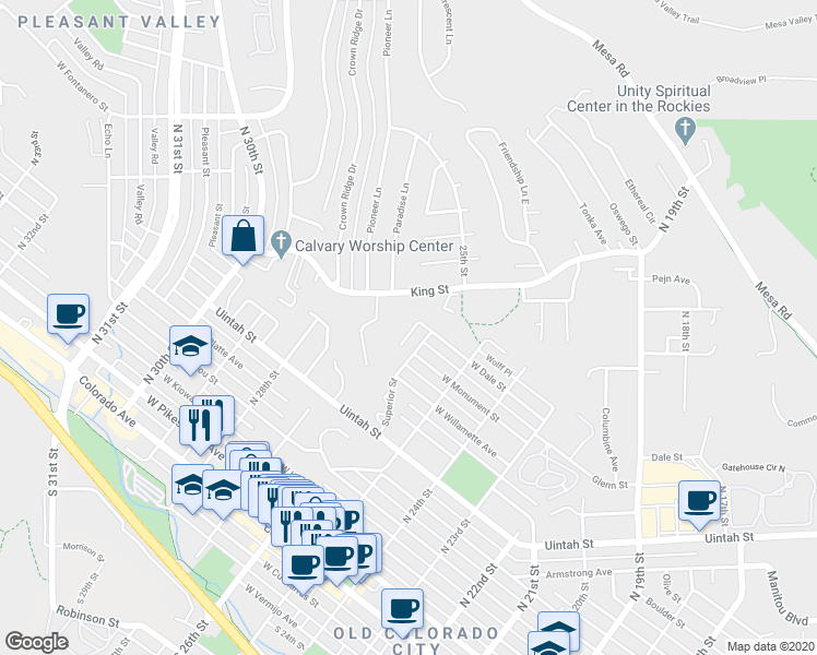 map of restaurants, bars, coffee shops, grocery stores, and more near 632 Tierra Verde Court in Colorado Springs