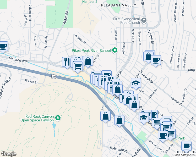 map of restaurants, bars, coffee shops, grocery stores, and more near 3142 West Colorado Avenue in Colorado Springs