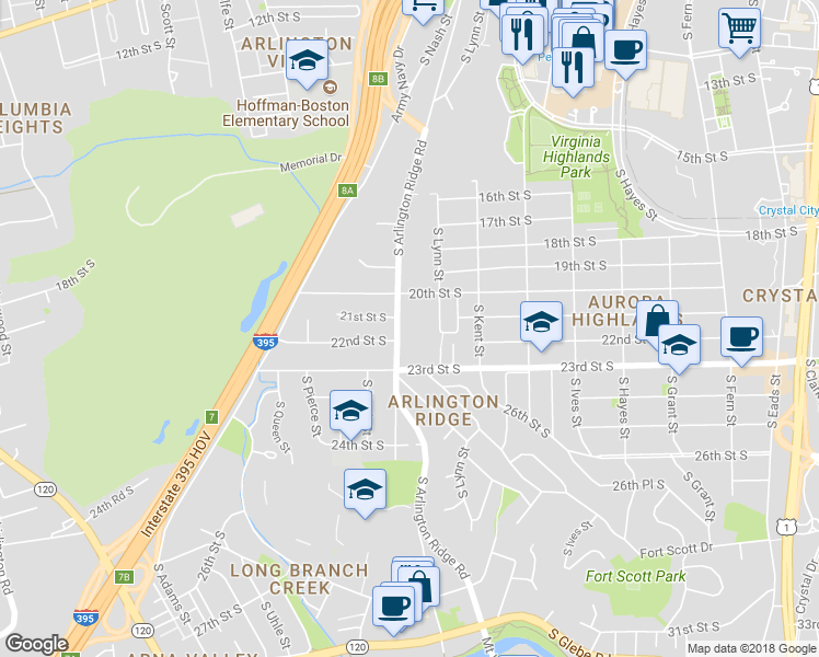 map of restaurants, bars, coffee shops, grocery stores, and more near 2107 South Arlington Ridge Road in Arlington