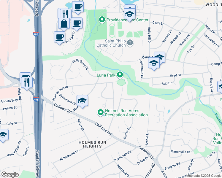 map of restaurants, bars, coffee shops, grocery stores, and more near 3316 Executive Avenue in Falls Church