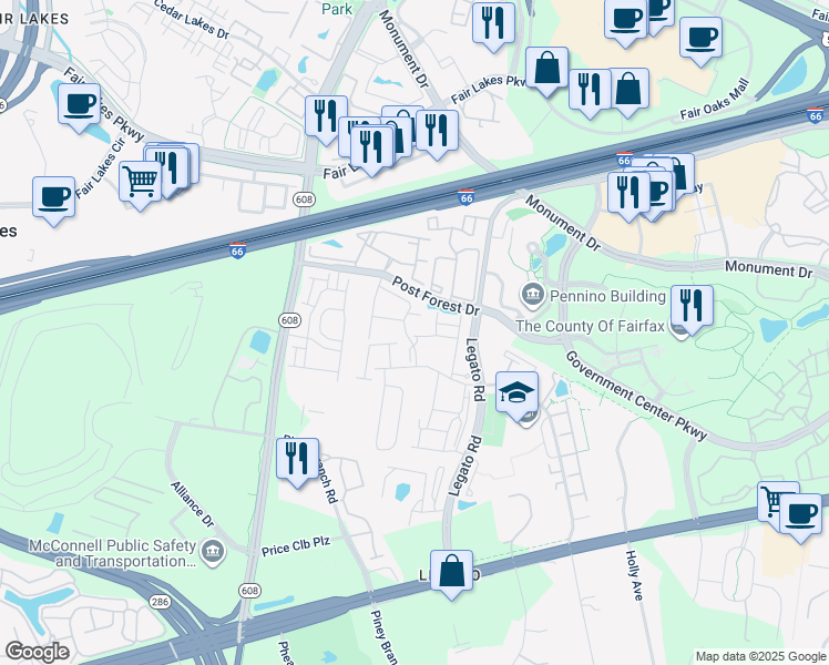 map of restaurants, bars, coffee shops, grocery stores, and more near 12128 Garden Ridge Lane in Fairfax