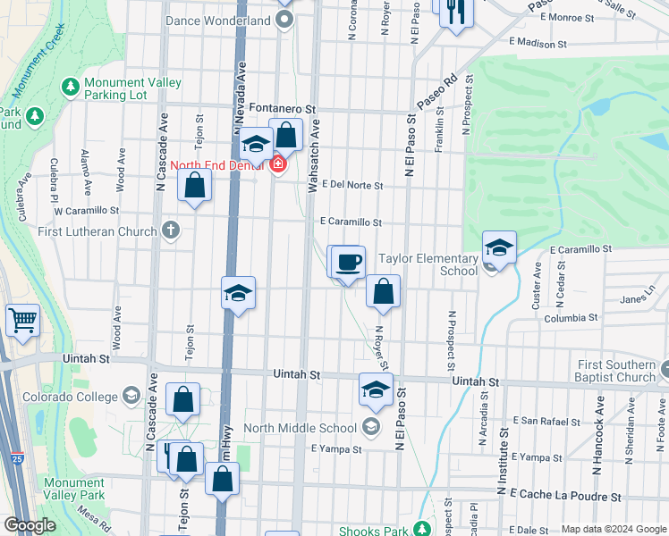 map of restaurants, bars, coffee shops, grocery stores, and more near 1422 North Corona Street in Colorado Springs