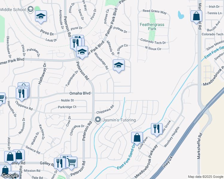 map of restaurants, bars, coffee shops, grocery stores, and more near 1530 Winnebago Road in Colorado Springs