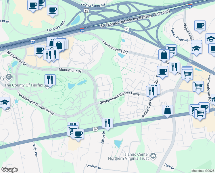 map of restaurants, bars, coffee shops, grocery stores, and more near 11601 Park Vista Boulevard in Fairfax