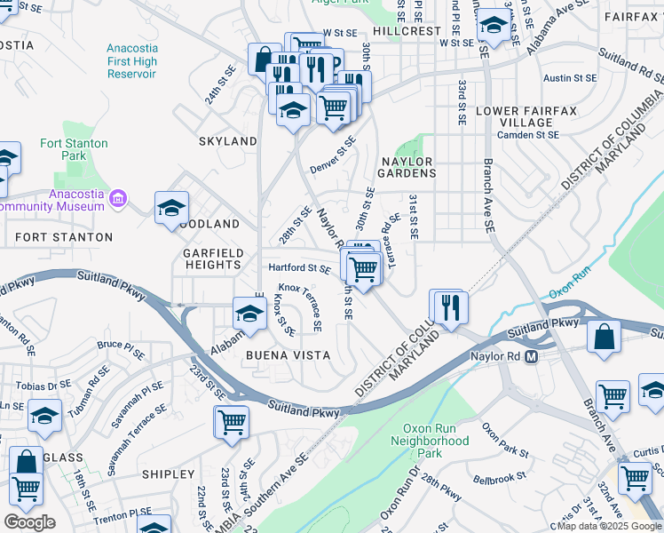 map of restaurants, bars, coffee shops, grocery stores, and more near 2850 Hartford Street Southeast in Washington