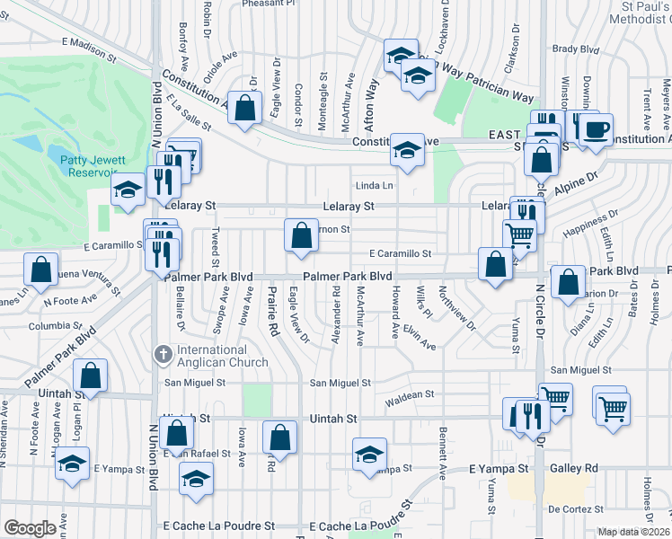 map of restaurants, bars, coffee shops, grocery stores, and more near 2450 Palmer Park Boulevard in Colorado Springs