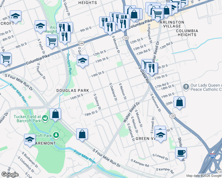 map of restaurants, bars, coffee shops, grocery stores, and more near 1612 South Oakland Street in Arlington