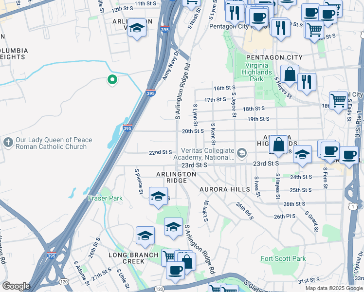 map of restaurants, bars, coffee shops, grocery stores, and more near 2107 South Arlington Ridge Road in Arlington