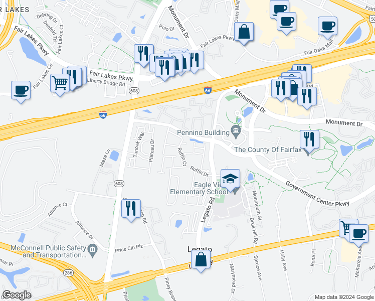 map of restaurants, bars, coffee shops, grocery stores, and more near 12128 Garden Ridge Lane in Fairfax