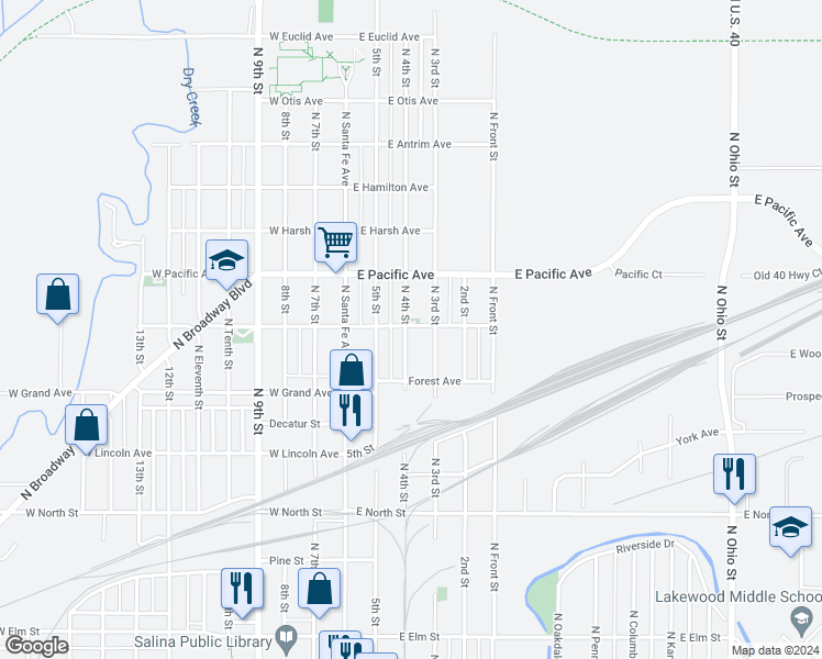 map of restaurants, bars, coffee shops, grocery stores, and more near 740 North 4th Street in Salina