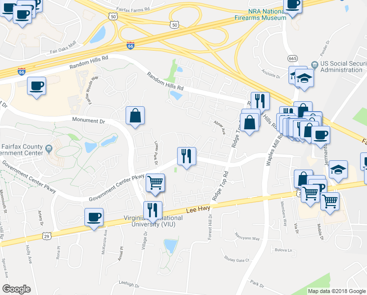 map of restaurants, bars, coffee shops, grocery stores, and more near 11642 Fairfax Center Woods Trail in Fairfax