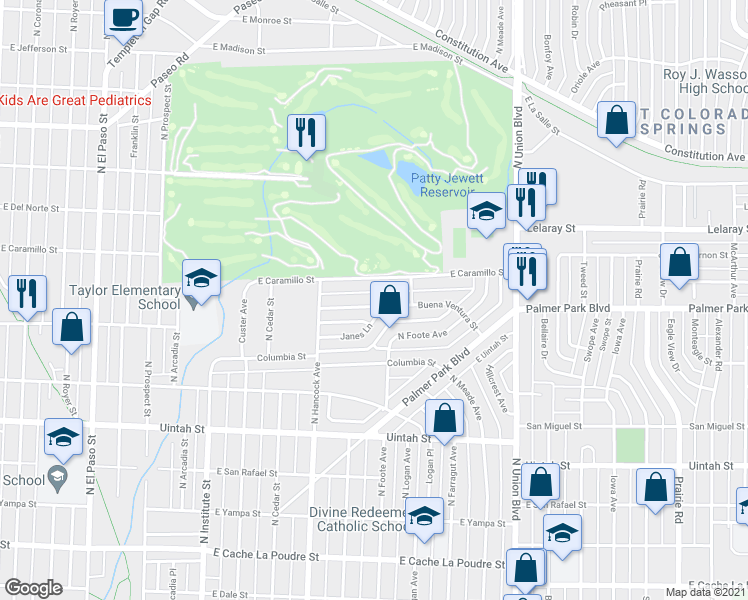 map of restaurants, bars, coffee shops, grocery stores, and more near 1314 East Buena Ventura Street in Colorado Springs