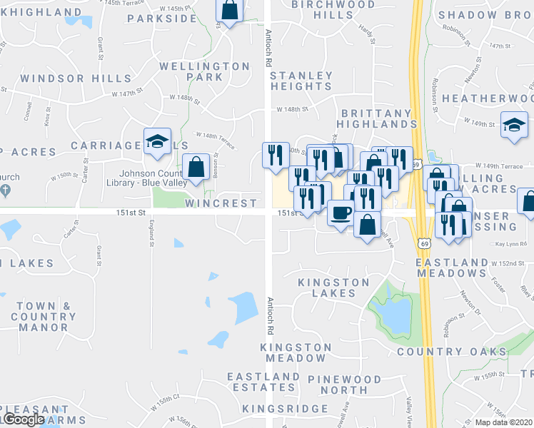 map of restaurants, bars, coffee shops, grocery stores, and more near 15100 Antioch Road in Overland Park