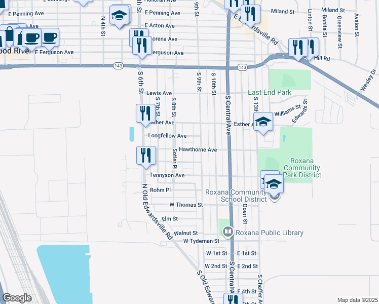 map of restaurants, bars, coffee shops, grocery stores, and more near 844 Hawthorne Avenue in Wood River