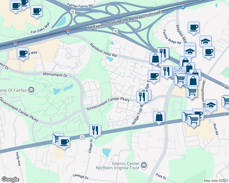 map of restaurants, bars, coffee shops, grocery stores, and more near 11642 Fairfax Center Woods Trail in Fairfax