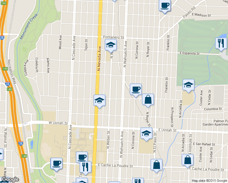 map of restaurants, bars, coffee shops, grocery stores, and more near 1421 North Weber Street in Colorado Springs