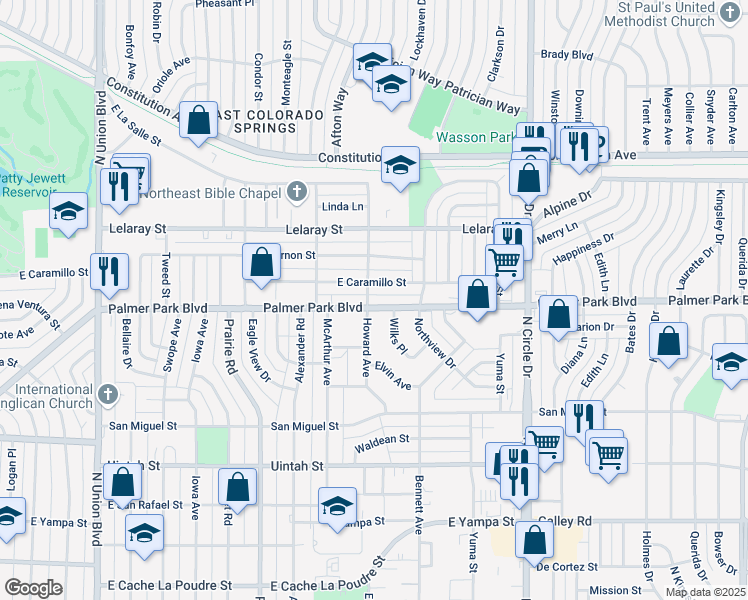 map of restaurants, bars, coffee shops, grocery stores, and more near 2542 Palmer Park Boulevard in Colorado Springs