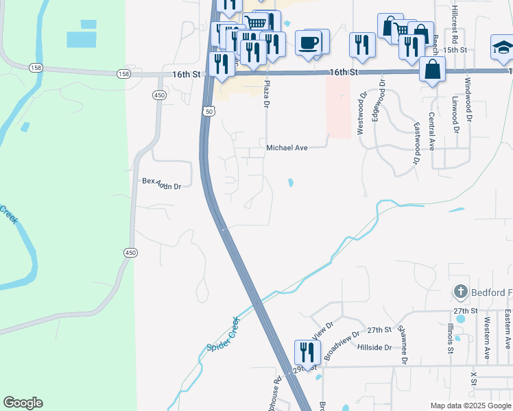 map of restaurants, bars, coffee shops, grocery stores, and more near 2020 Plaza Drive in Bedford
