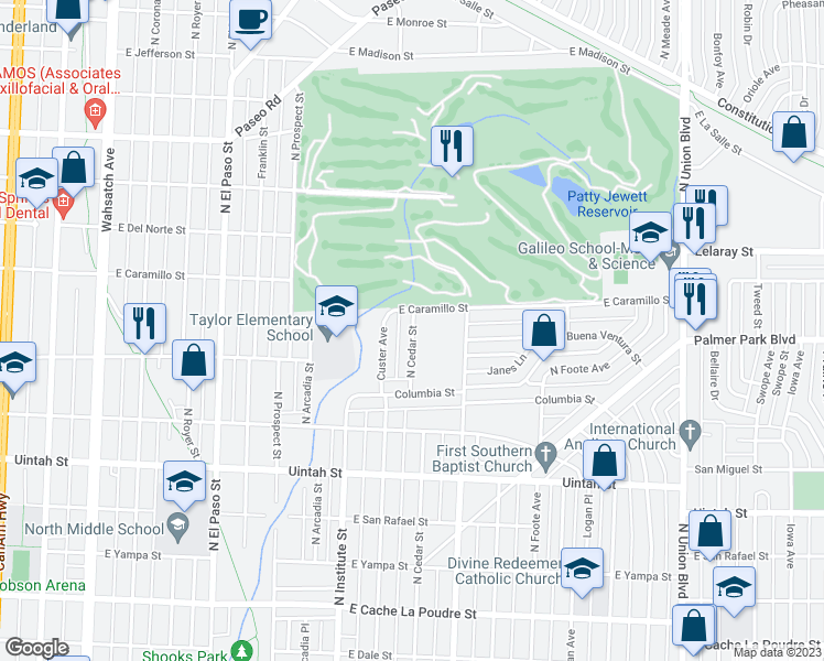 map of restaurants, bars, coffee shops, grocery stores, and more near 1512 North Cedar Street in Colorado Springs