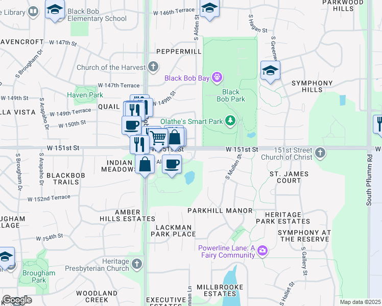 map of restaurants, bars, coffee shops, grocery stores, and more near 14801 151st Street in Olathe