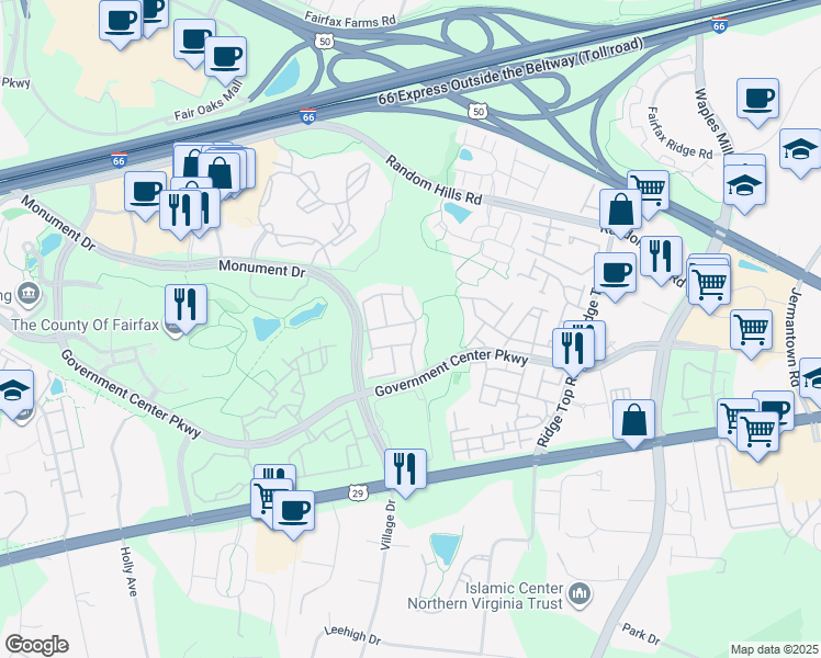 map of restaurants, bars, coffee shops, grocery stores, and more near 4200 Lower Park Drive in Fairfax