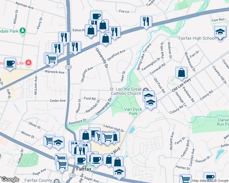 map of restaurants, bars, coffee shops, grocery stores, and more near 3607 University Drive in Fairfax