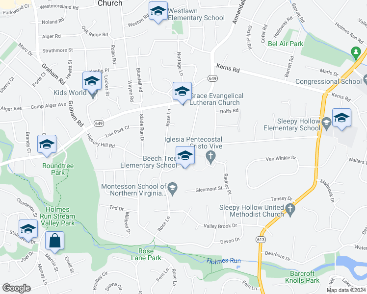 map of restaurants, bars, coffee shops, grocery stores, and more near 3340 Beechtree Lane in Falls Church