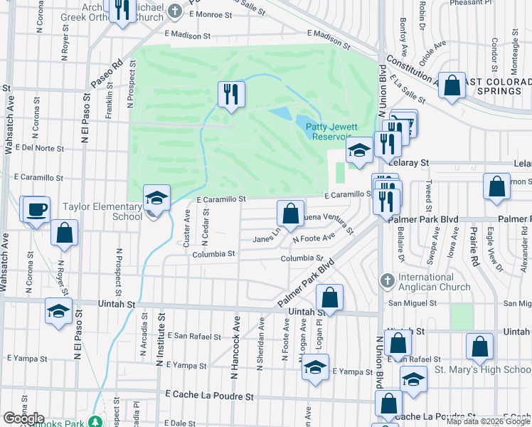 map of restaurants, bars, coffee shops, grocery stores, and more near 1228 East Buena Ventura Street in Colorado Springs